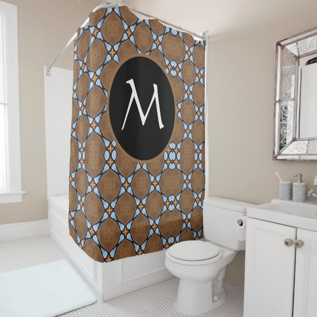 Elegant Brown Blue Geometric Pattern Monogram Shower Curtain (In Situ)