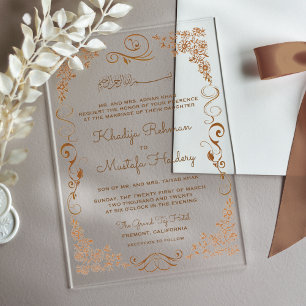 Elegant Brown Border Muslim Wedding Acrylic Invitations