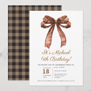 Elegant Brown Bow Coquette Boy 4th Birthday Party Invitation