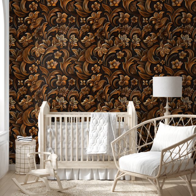 Elegant Brown Chic Western Carving Floral Pattern Wallpaper (Kids)