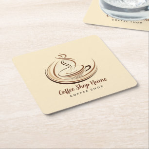 Elegant Brown Coffee  espresso business logo shop Square Paper Coaster