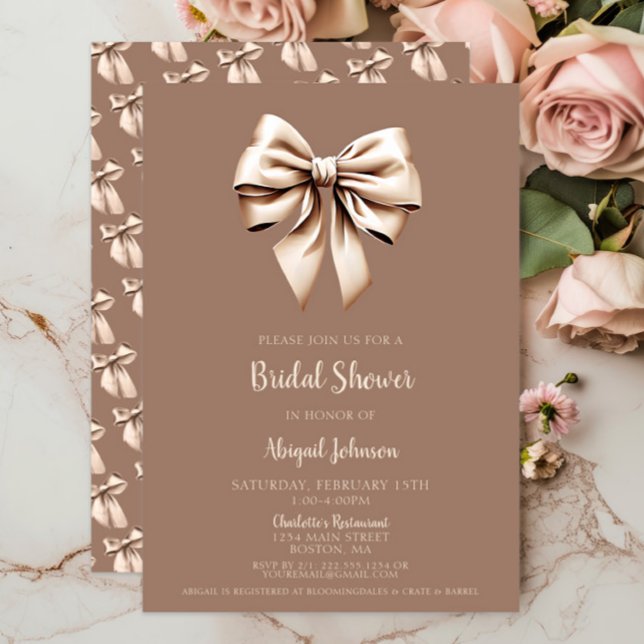 Elegant Brown Coquette Bow Bridal Shower Invitation (Brown Cream Coquette Bow Bridal Shower Invitation, Elegant Wedding Shower, Modern, Mocha, Script )