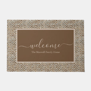 Elegant brown cream chevron script name doormat