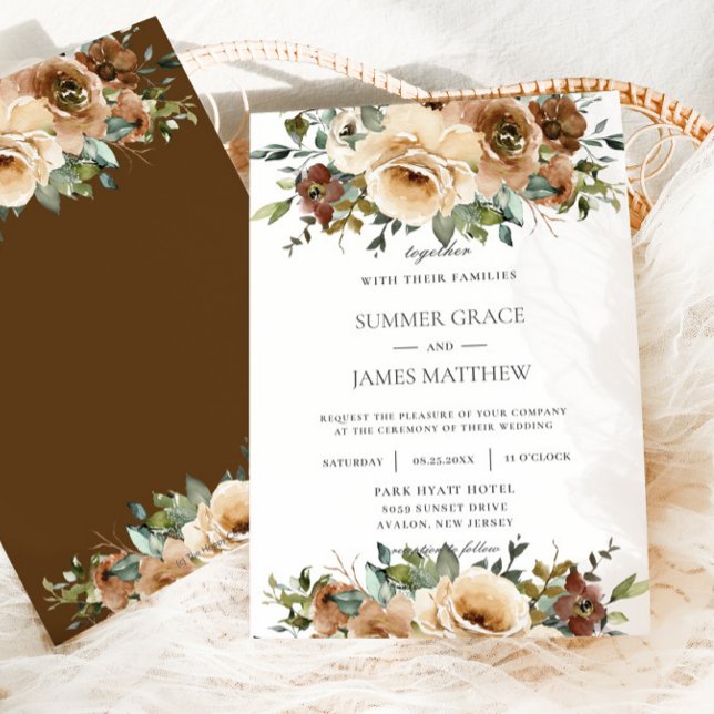 Elegant Brown Cream Roses Floral Greenery Wedding Invitation (Creator Uploaded)
