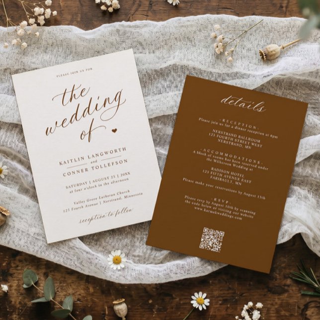 Elegant Brown & Cream Script All in One Wedding Invitation (Cream wedding invitation with brown calligraphy, classic typography and heart accent.)