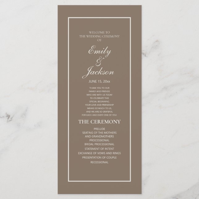 Elegant Brown Cream Script Wedding Program (Front)