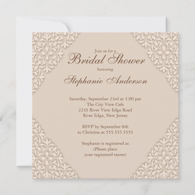 Elegant Brown Damask Bridal Shower Invitation (Front)