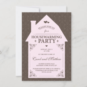 Elegant brown damask pale pink house housewarming invitation