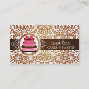 Elegant Brown Damask Pink Cake Diamond Bakery Business Card