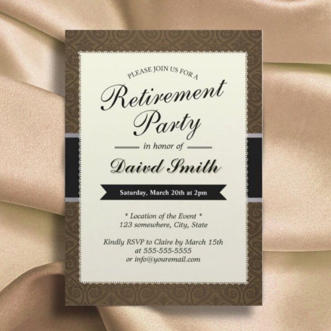 Elegant Brown Damask Retirement Party Invitation (Creator Uploaded)