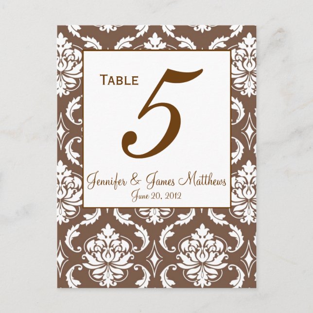 Elegant Brown Damask Wedding Table Number Postcard (Front)