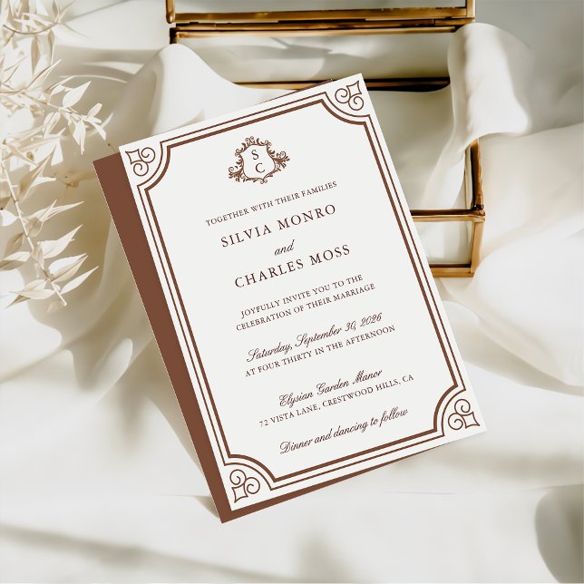 Elegant Brown & Ecru Classic Monogram Wedding Invitation (Creator Uploaded)