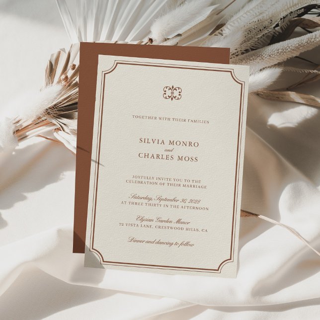 Elegant Brown & Ecru Classic Script Wedding Crest Invitation (Elegant Brown & Ecru Classic Script Wedding Crest Invitation)