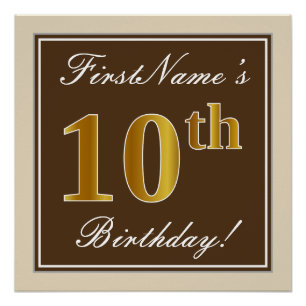 Elegant, Brown, Faux Gold 10th Birthday + Name Poster