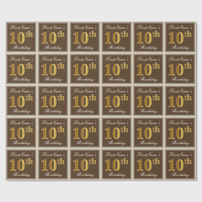 Elegant, Brown, Faux Gold 10th Birthday + Name Wrapping Paper (Flat)
