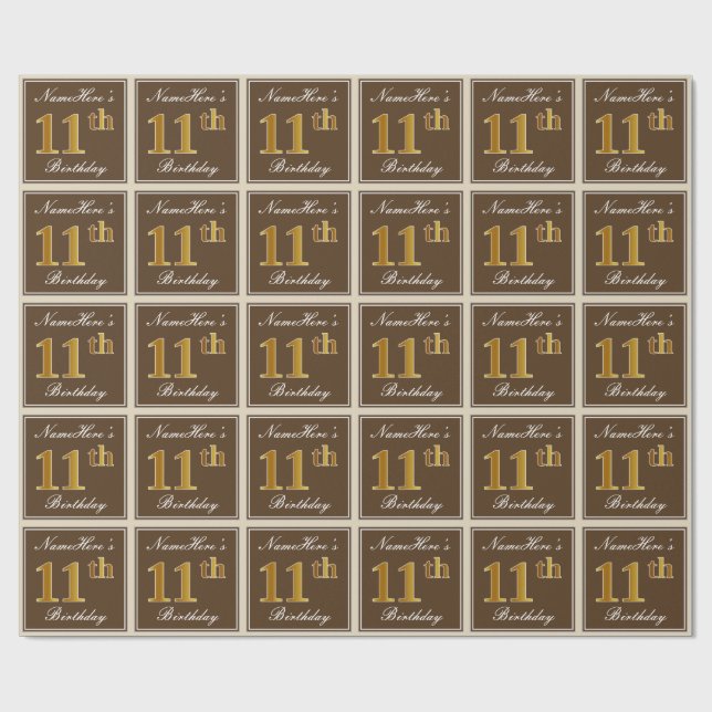 Elegant, Brown, Faux Gold 11th Birthday + Name Wrapping Paper (Flat)