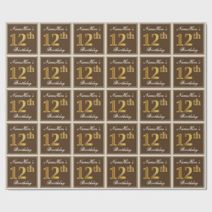 Elegant, Brown, Faux Gold 12th Birthday + Name Wrapping Paper