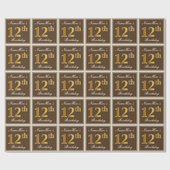 Elegant, Brown, Faux Gold 12th Birthday + Name Wrapping Paper (Flat)