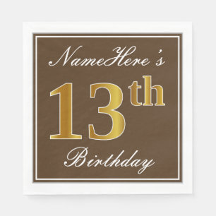 Elegant Brown, Faux Gold 13th Birthday + Name Napkin