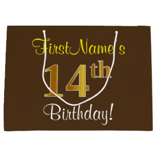 Elegant, Brown, Faux Gold 14th Birthday + Name Large Gift Bag