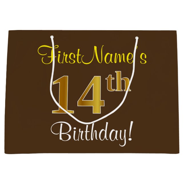Elegant, Brown, Faux Gold 14th Birthday + Name Large Gift Bag (Front)