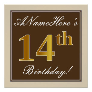 Elegant, Brown, Faux Gold 14th Birthday + Name Poster