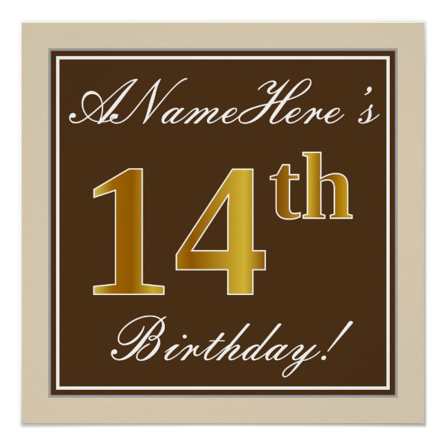 Elegant, Brown, Faux Gold 14th Birthday + Name Poster (Front)