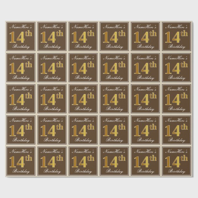 Elegant, Brown, Faux Gold 14th Birthday + Name Wrapping Paper (Flat)