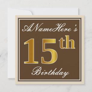Elegant, Brown, Faux Gold 15th Birthday + Name Invitation