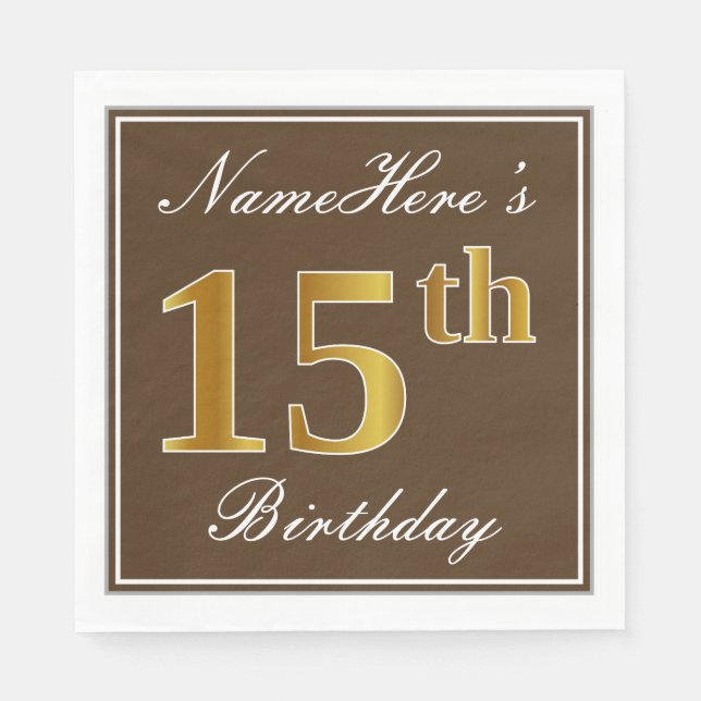 Elegant Brown, Faux Gold 15th Birthday + Name Napkin (Front)