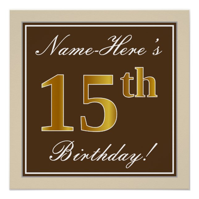 Elegant, Brown, Faux Gold 15th Birthday + Name Poster (Front)