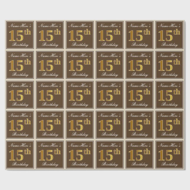 Elegant, Brown, Faux Gold 15th Birthday + Name Wrapping Paper (Flat)