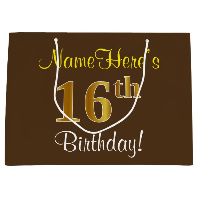 Elegant, Brown, Faux Gold 16th Birthday + Name Large Gift Bag (Front)