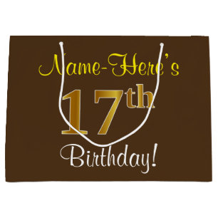 Elegant, Brown, Faux Gold 17th Birthday + Name Large Gift Bag