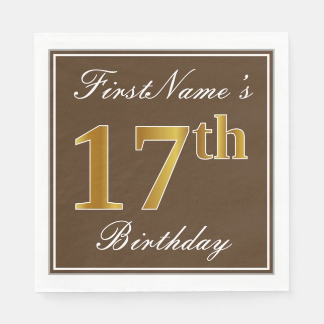 Elegant Brown, Faux Gold 17th Birthday + Name Napkin (Front)