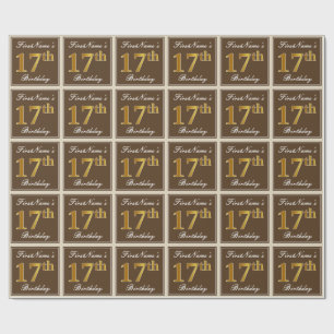 Elegant, Brown, Faux Gold 17th Birthday + Name Wrapping Paper