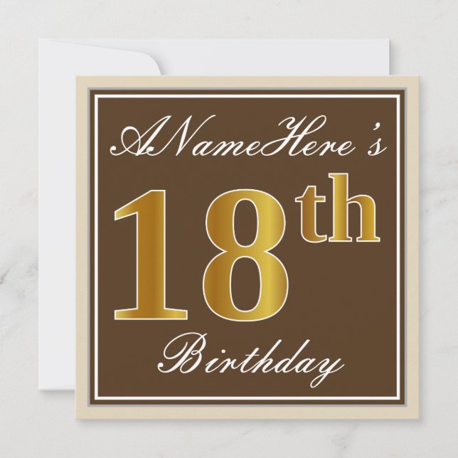 Elegant, Brown, Faux Gold 18th Birthday + Name Invitation (Front)