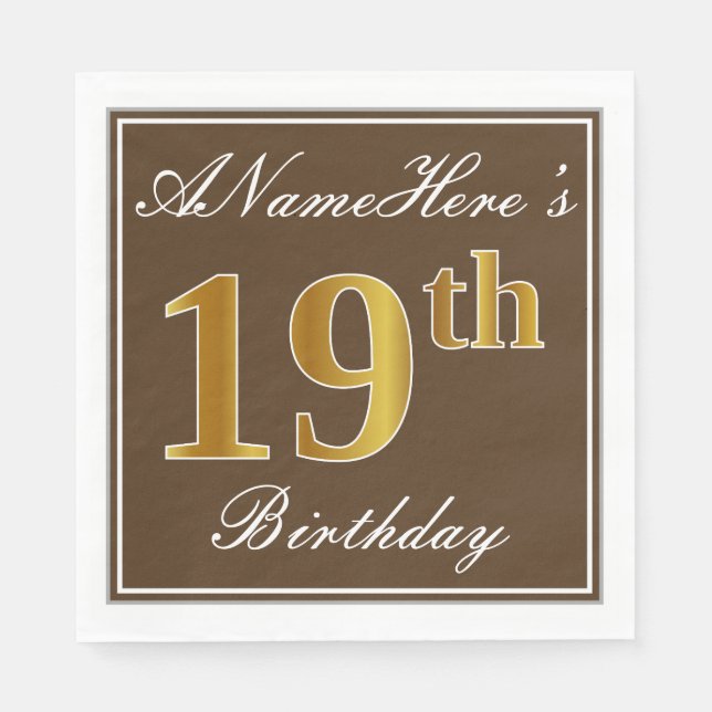 Elegant Brown, Faux Gold 19th Birthday + Name Napkin (Front)