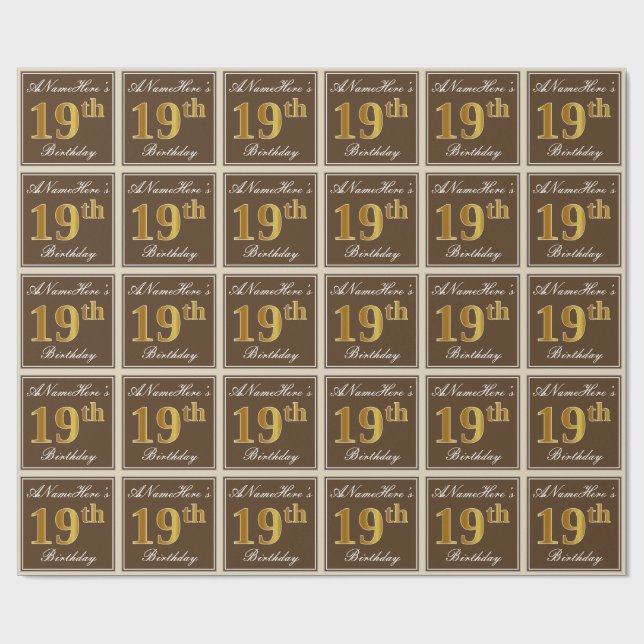 Elegant, Brown, Faux Gold 19th Birthday + Name Wrapping Paper (Flat)