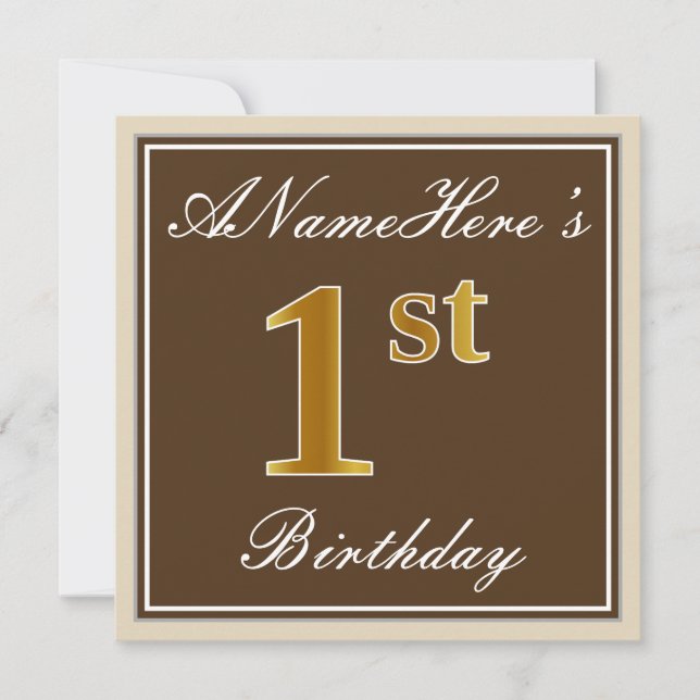 Elegant, Brown, Faux Gold 1st Birthday + Name Invitation (Front)