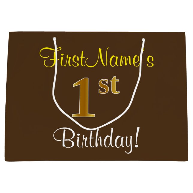 Elegant, Brown, Faux Gold 1st Birthday + Name Large Gift Bag (Front)