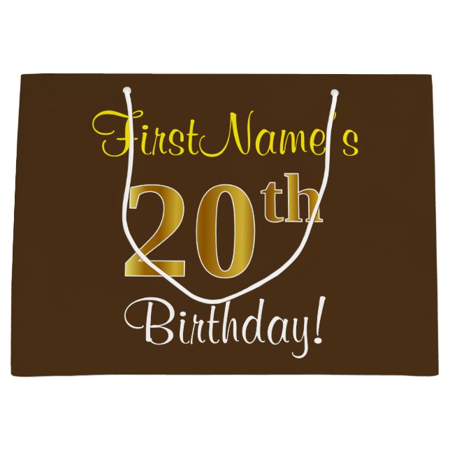 Elegant, Brown, Faux Gold 20th Birthday + Name Large Gift Bag (Front)