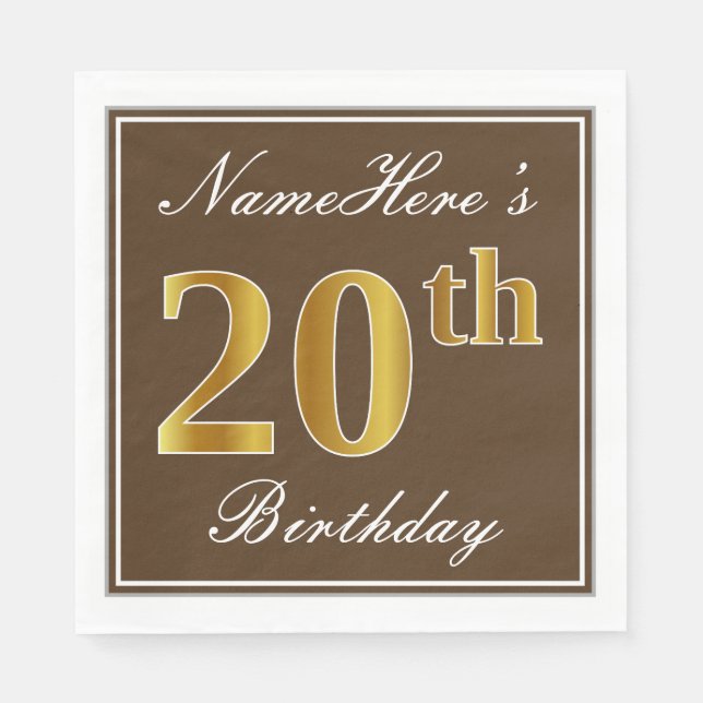 Elegant Brown, Faux Gold 20th Birthday + Name Napkin (Front)