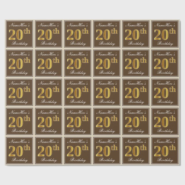 Elegant, Brown, Faux Gold 20th Birthday + Name Wrapping Paper (Flat)