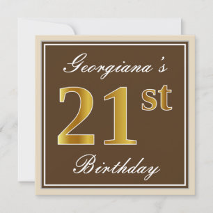 Elegant, Brown, Faux Gold 21st Birthday + Name Invitation