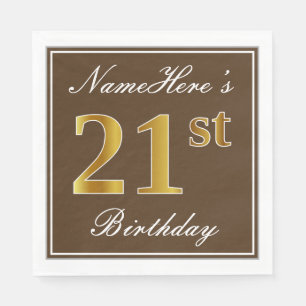 Elegant Brown, Faux Gold 21st Birthday + Name Napkin