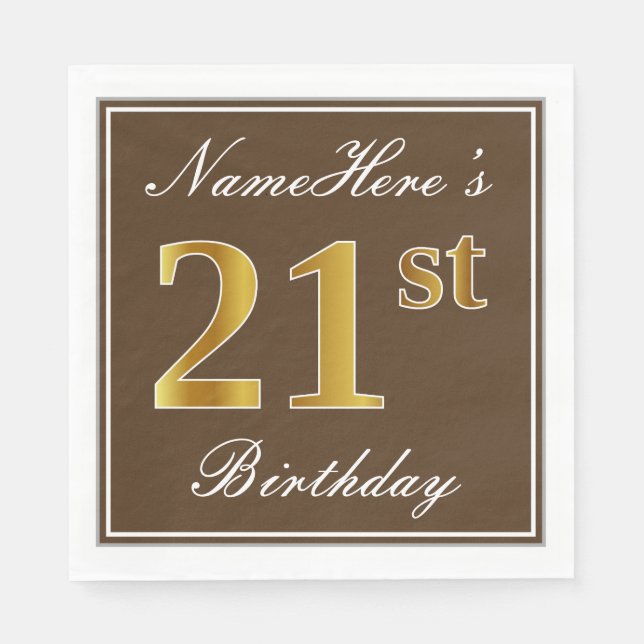 Elegant Brown, Faux Gold 21st Birthday + Name Napkin (Front)