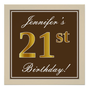 Elegant, Brown, Faux Gold 21st Birthday + Name Poster