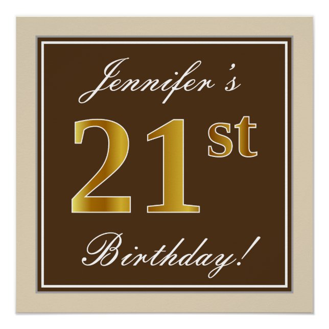 Elegant, Brown, Faux Gold 21st Birthday + Name Poster (Front)
