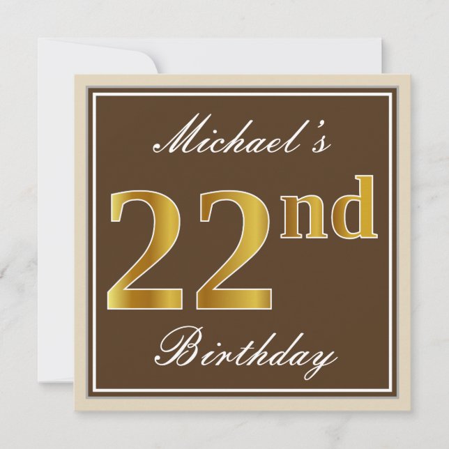 Elegant, Brown, Faux Gold 22nd Birthday + Name Invitation (Front)